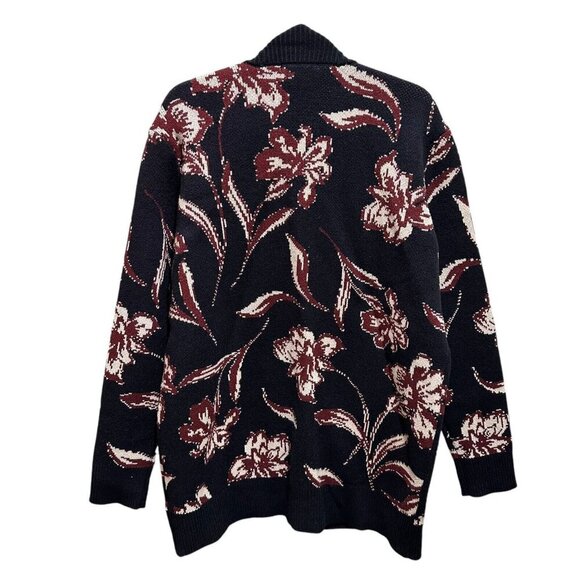 Les Serein Cardigan Size L Black Burgundy Ivory Floral Chunky Knit StitchFix New - Picture 7 of 11